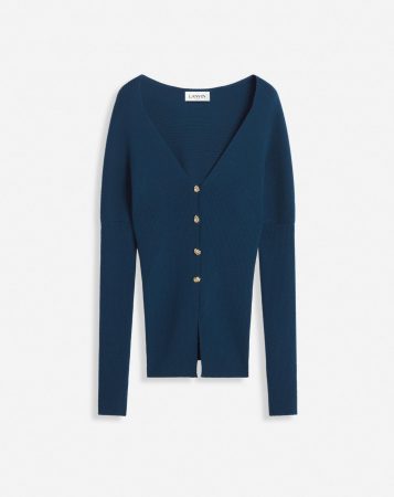LANVIN Womens Knitwear | Off-the-shoulder fitted rib-knit cardigan SAPPHIRE